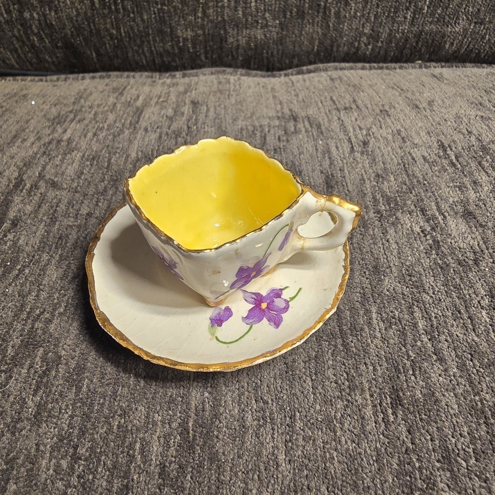 Vtg Miniature Square Footed Teacup & Saucer Purple Violets Yellow Interior